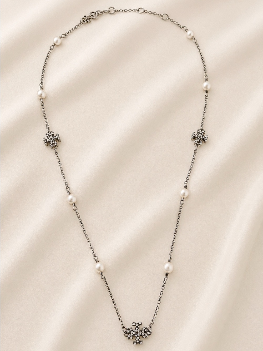 Tory Burch Delicate Pearl and Crystal Station Necklace - Silver Tone - Picture 2 of 5